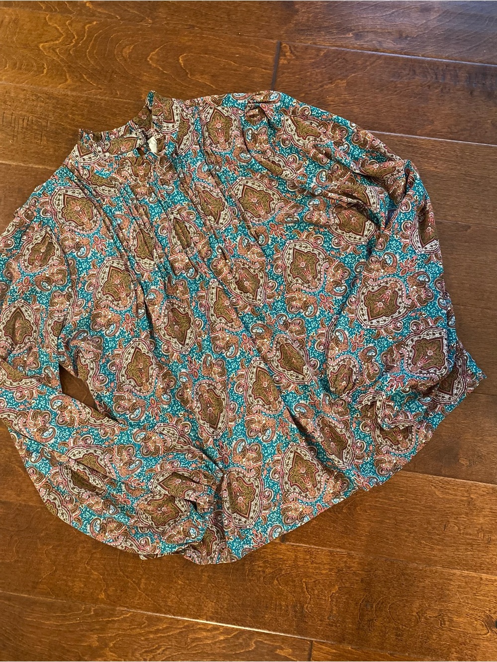 NWT Joie Paisley High Neck Pleated Blouse Teal Large Balloon Sleeve Boho